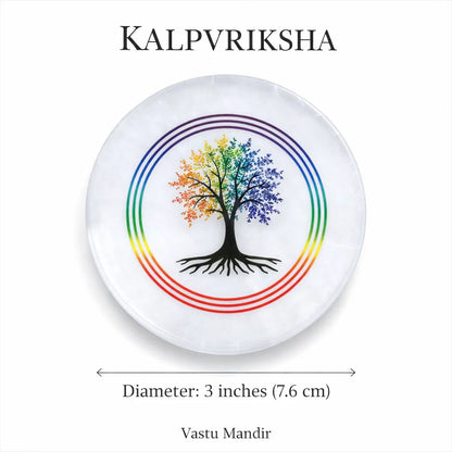 Kalpavriksha selenite plate on a clean white background