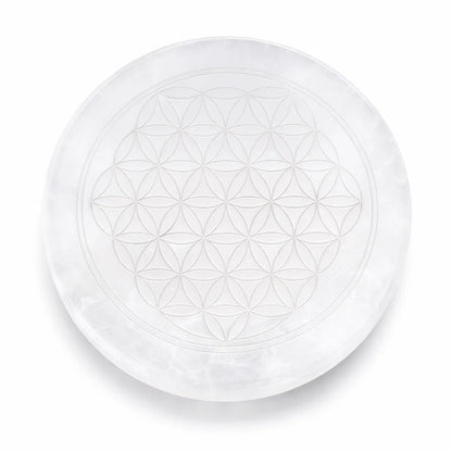 Mandala selenite plate on a clean white background