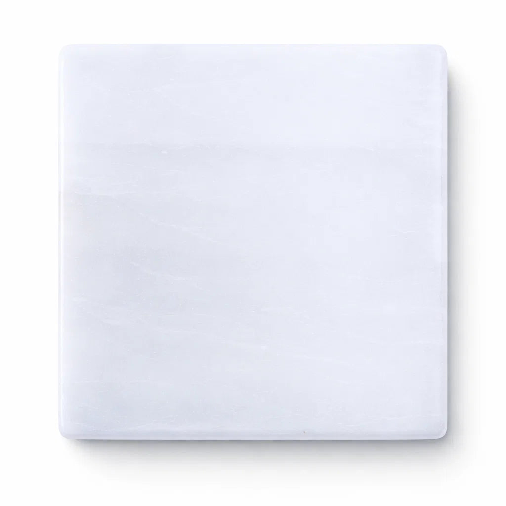 Smooth square selenite plate in a close product view on white