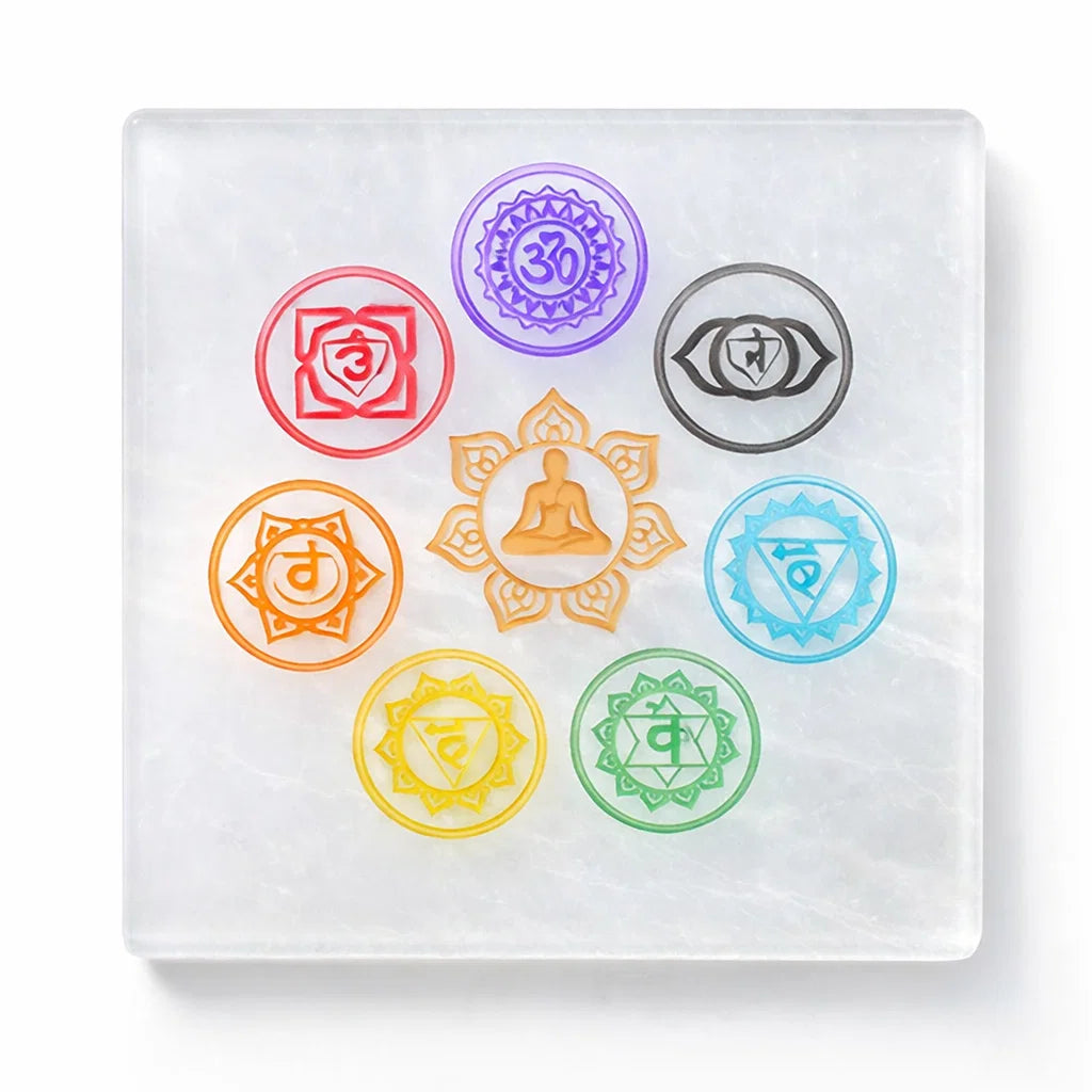 Square 7 chakra selenite plate displayed in a softly lit product setting