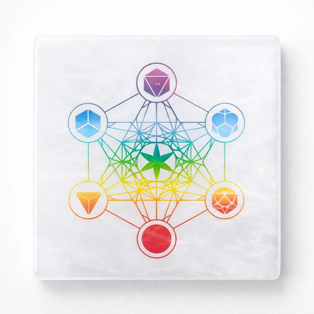Hexagonal selenite plate in a close-up view against a clean white background
