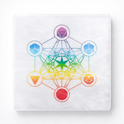 Hexagonal selenite plate in a close-up view against a clean white background