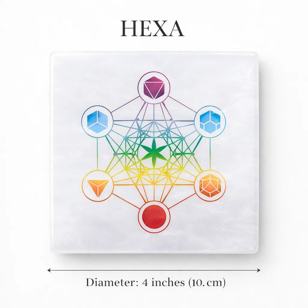 Hexagon selenite plate on a clean white background