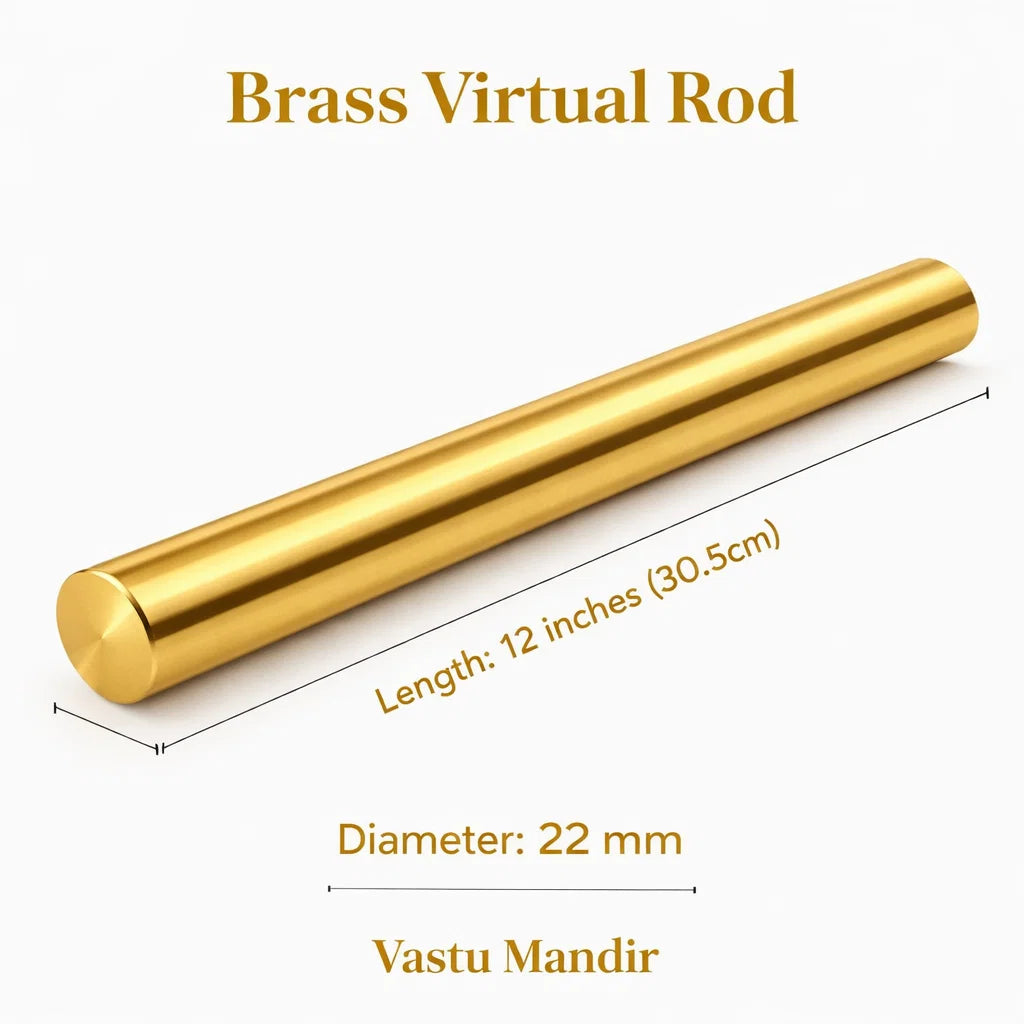 Brass Vastu energy rod size graphic showing 9-inch length and 22 mm diameter