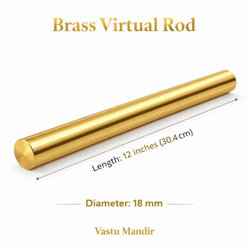Brass Vastu energy rod size graphic showing 12-inch length and 18 mm diameter