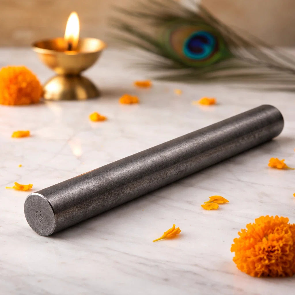 Iron virtual rod shown diagonally on marble with marigold petals