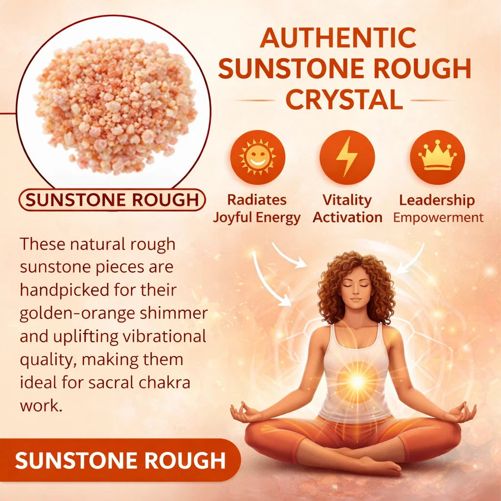 Raw sunstone infographic with visible product features and a meditation illustration