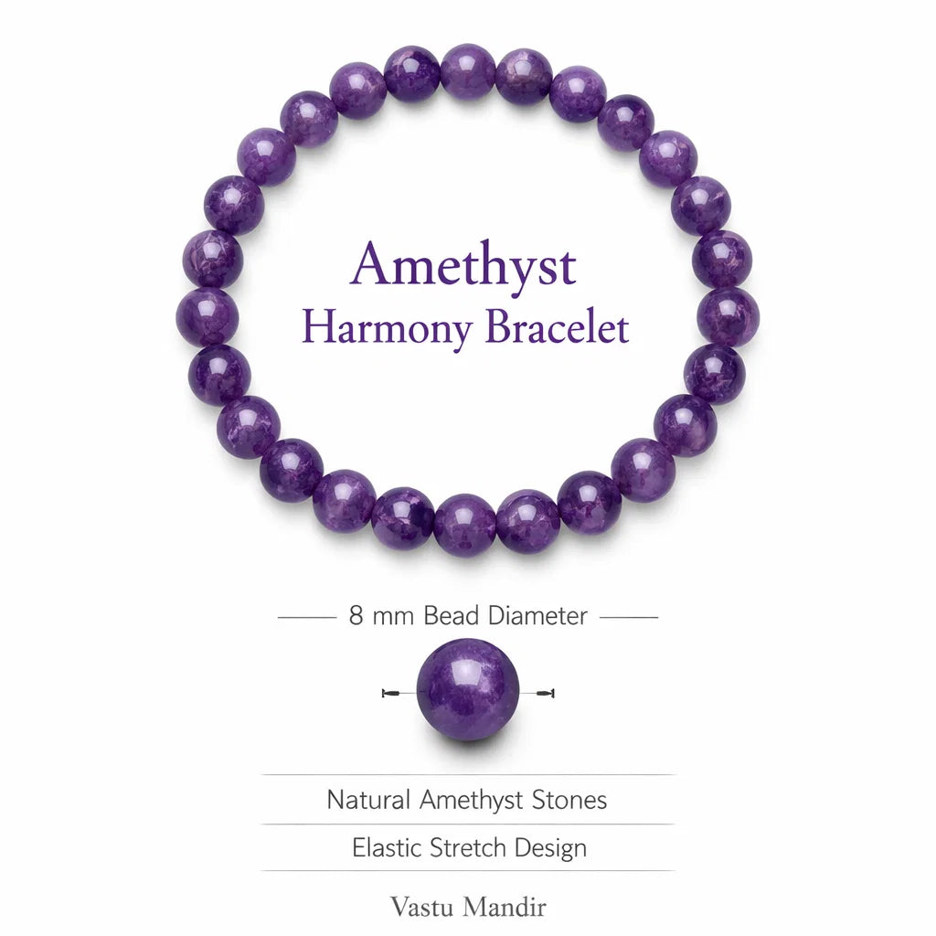 Natural amethyst crystal bracelet with round beads on a clean white background
