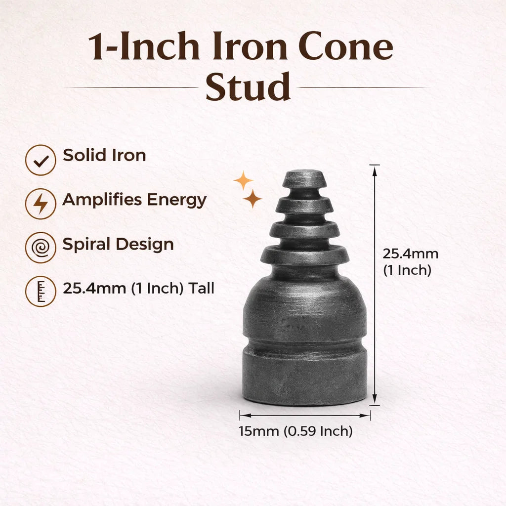 Iron cone stud infographic showing 1-inch height and 15 mm base
