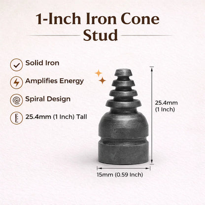 Iron cone stud infographic showing 1-inch height and 15 mm base
