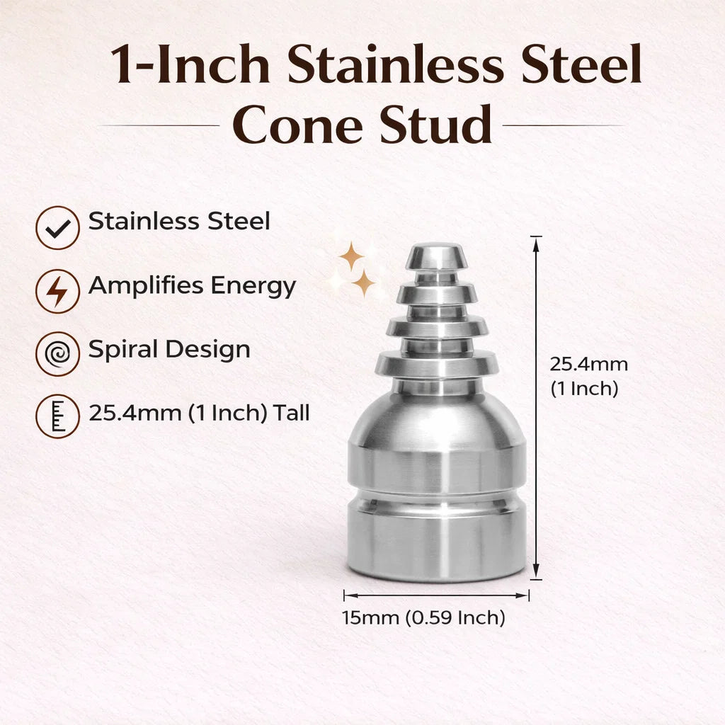 Stainless steel cone stud infographic showing 1-inch height and 15 mm base