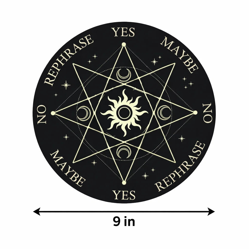 Nine-inch Surya Sun dowsing board dimension infographic