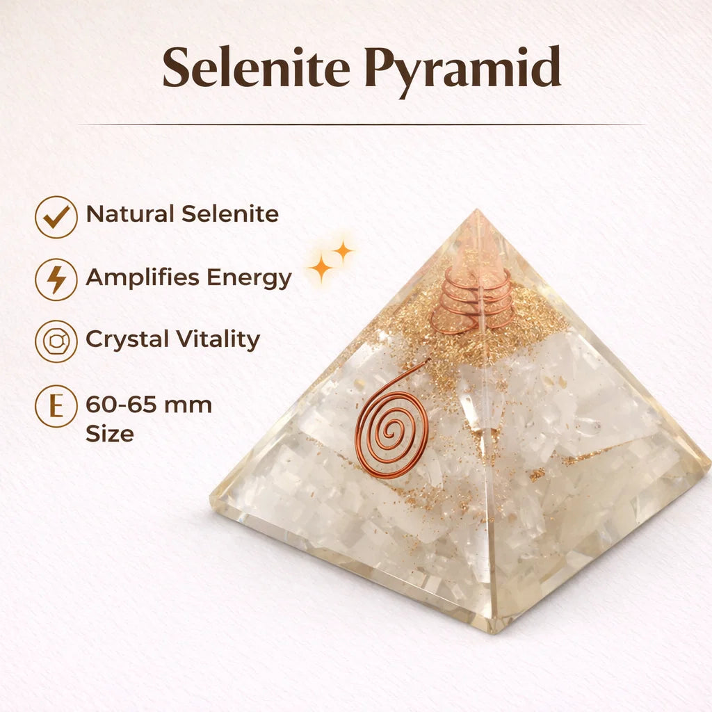 Natural Selenite Crystal Pyramid – top-down view showing the apex and square base