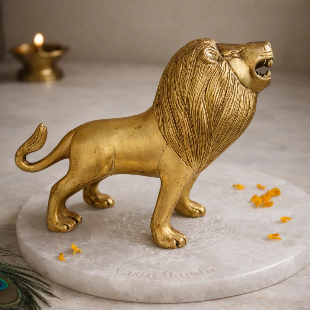 Handcrafted solid brass lion Vastu idol shown in a close styled product view