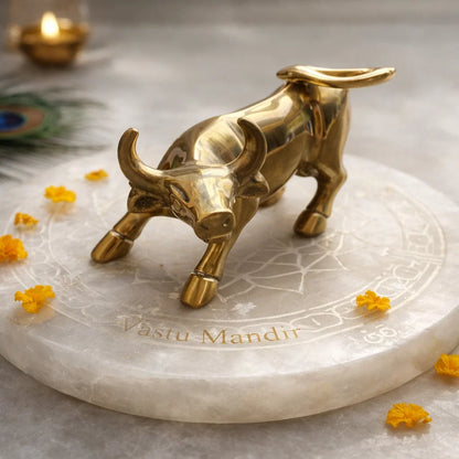 Brass charging bull idol Vastu remedy arranged in a styled spiritual setting