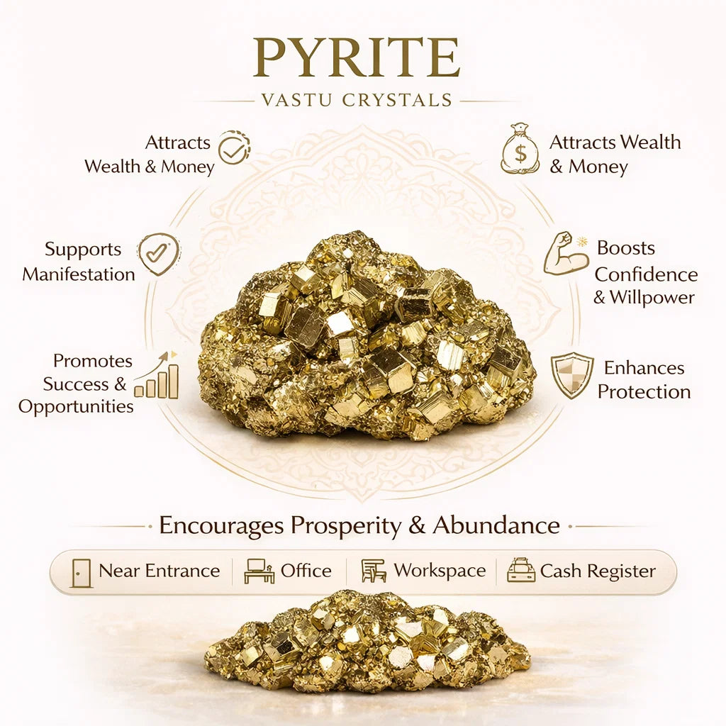 Pyrite product infographic with a rough cluster, visible features and suggested applications