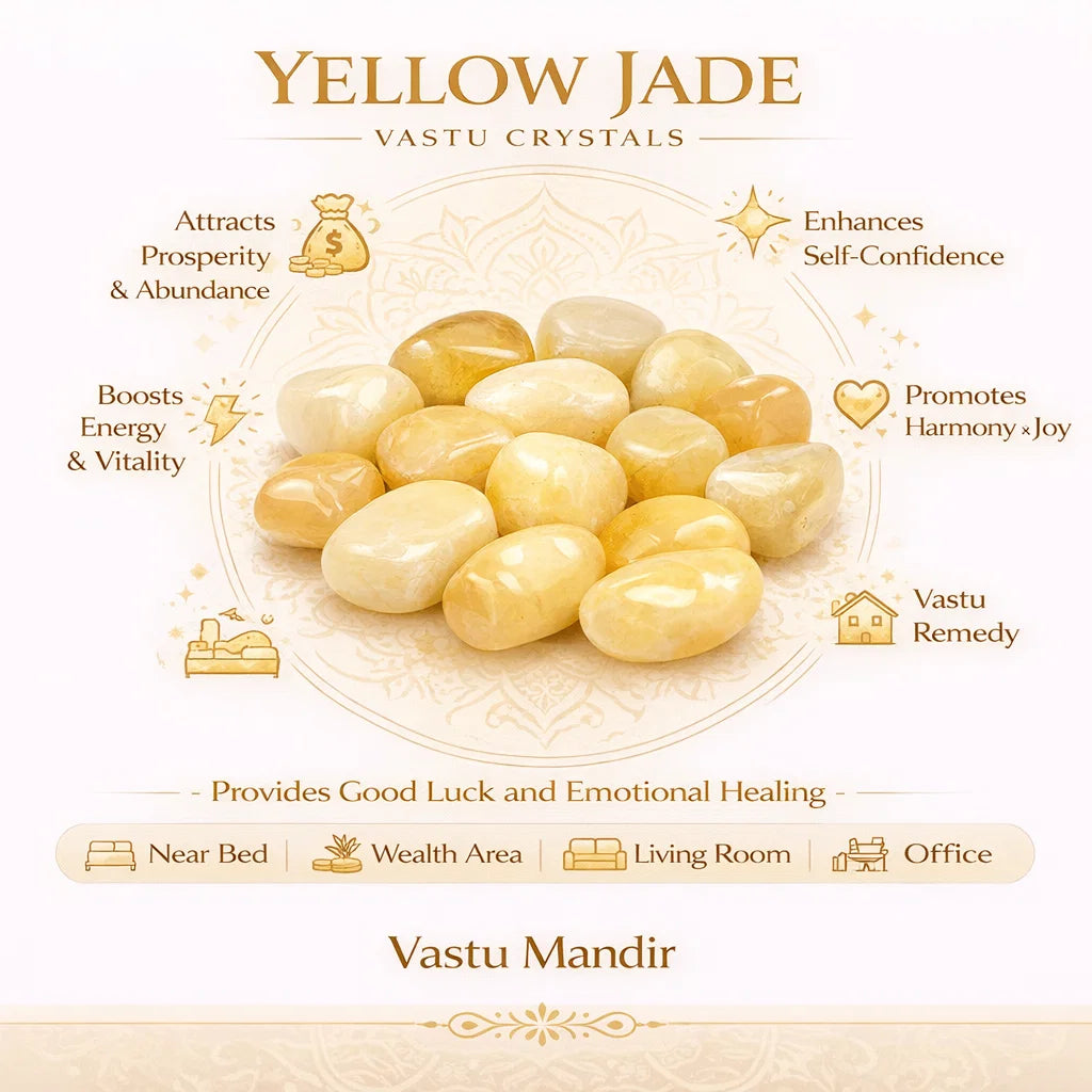 Yellow jade tumbled stones infographic listing visible product features and suggested placement