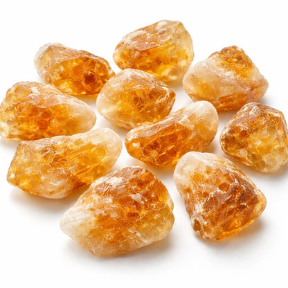 Close view of rough citrine stones showing golden colour and natural crystal texture