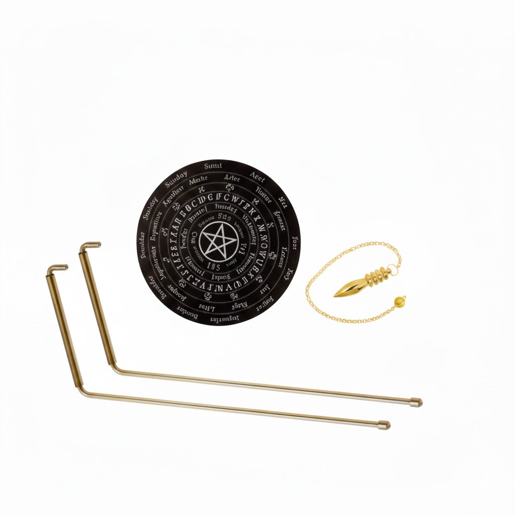 Complete brass dowsing set with two L-rods, black board and pendulum on white