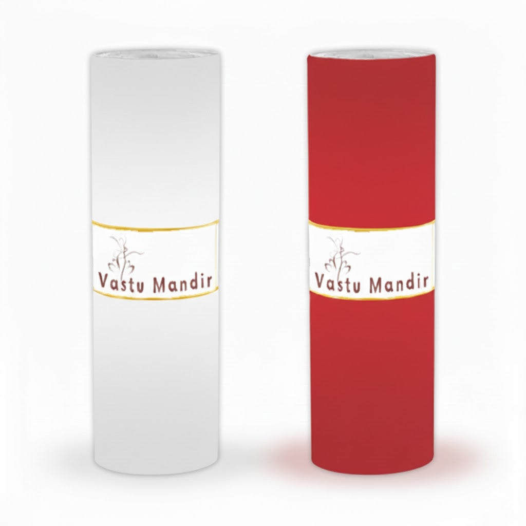 White and red Vastu colour tape rolls displayed on a clean white background