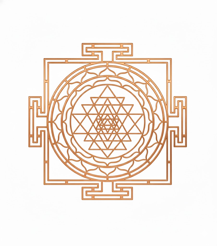 Brass and copper Shri Yantra plate copper-tone Shri Yantra line design isolated on white