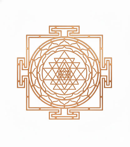 Brass and copper Shri Yantra plate copper-tone Shri Yantra line design isolated on white