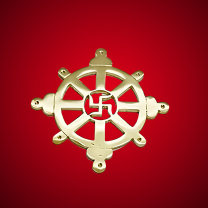 Brass Chakra Satiya symbol centred on a deep red background